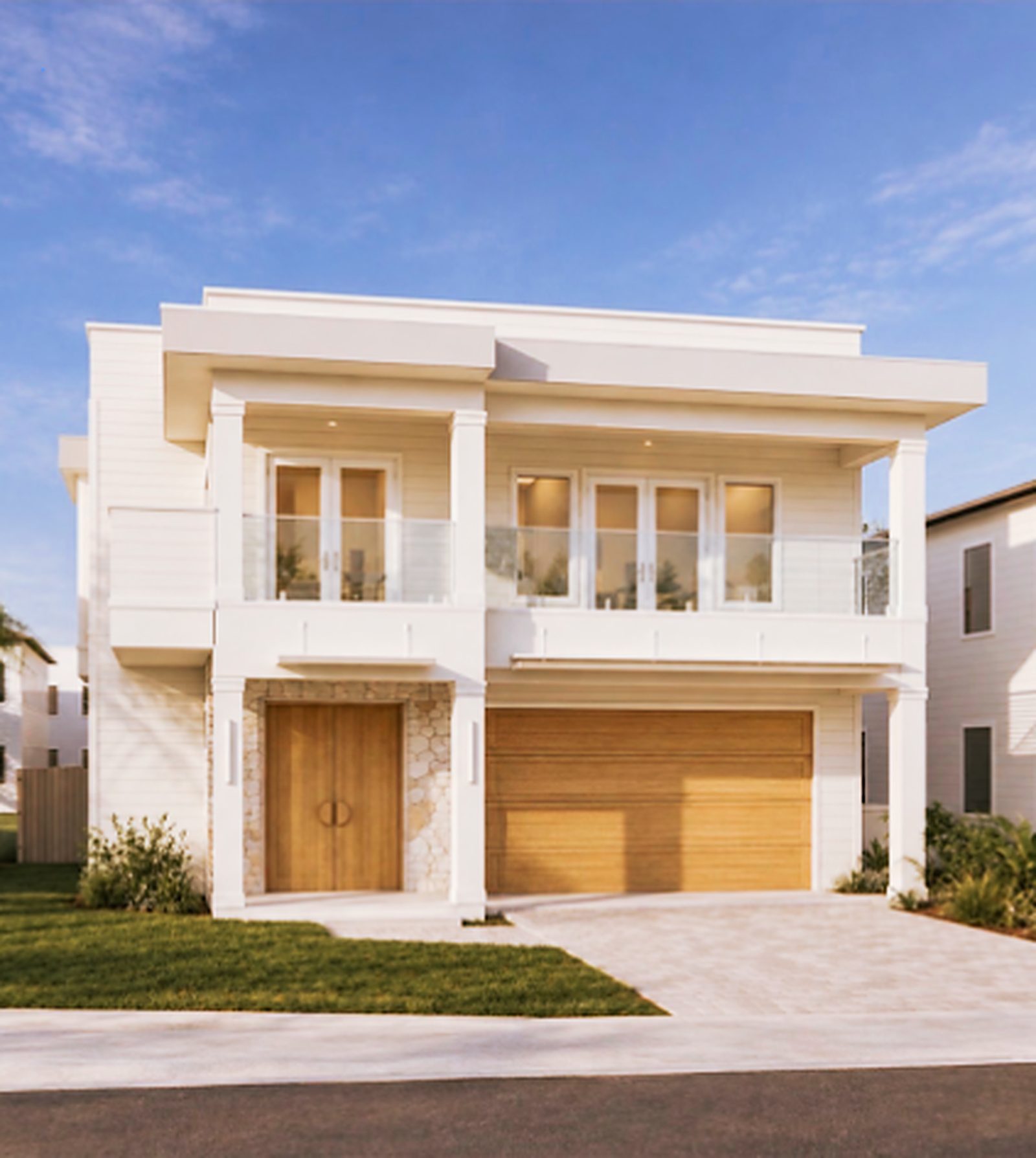 Rendering of the front of 220 Cedar Street, a two-story modern coastal home with balconies, stone-veneer entry and a two-car garage
