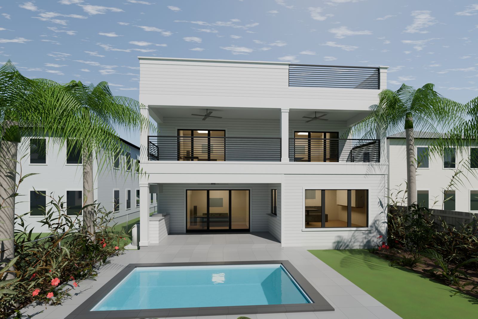 Rendering of the rear of 220 Cedar Street showing the pool, covered lanai and full-width rear balcony